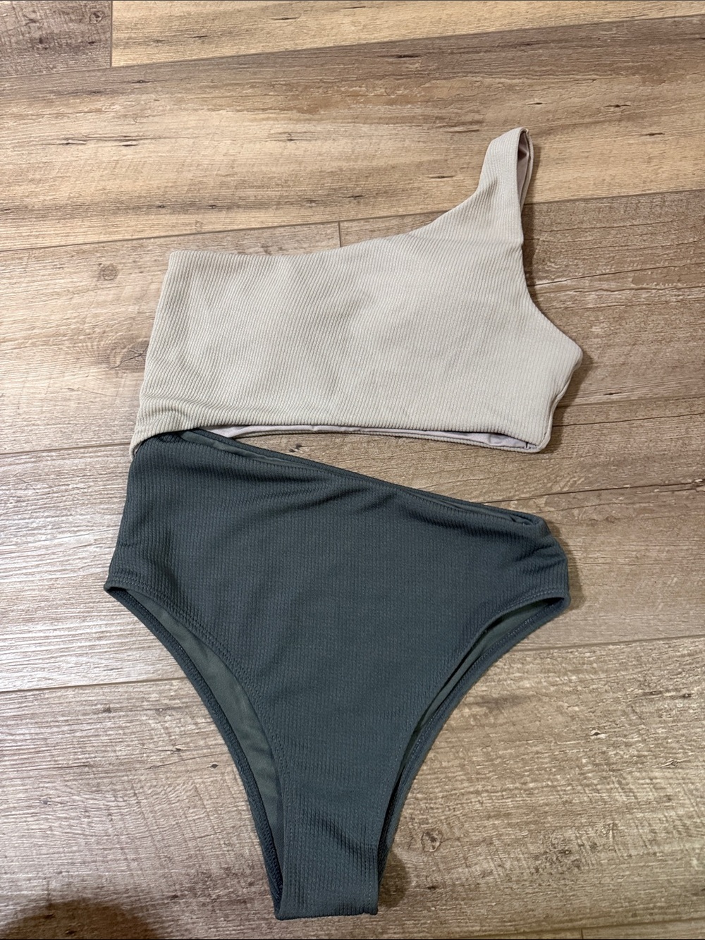 SHEIN One-Shoulder Two-Tone Ribbed One-Piece Swimsuit in Beige and Dark Green